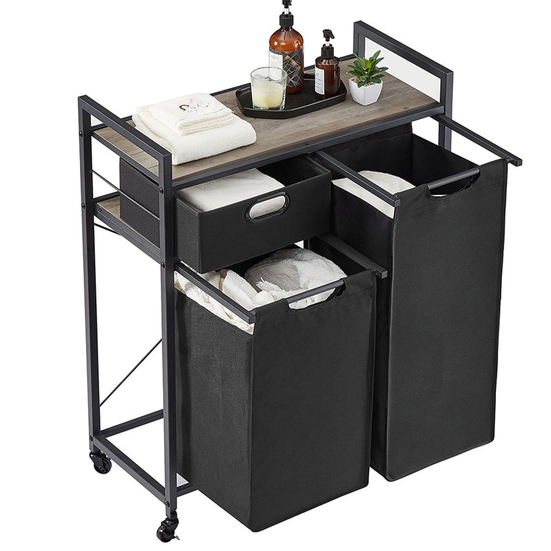 17 Stories Double Laundry Hamper with Top Shelf and Storage Drawer, 2